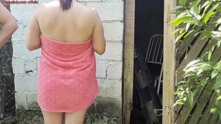 Shower doesn't work, married woman asks the farm's caretaker for help using just a towel and pays with sex
