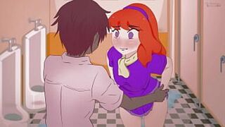 Red-haired Daphne takes off her panties in the toilet in front of an unknown guy without complexes ! Scooby-Doo. Hentai,Cartoon,Parody ! - 1 image