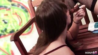 Two Girls in Fishnet Stockings at intense Public Lesbian Sex with Dildo - 9 image