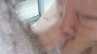 I suck my stepson's hard cock and get cum on my tits