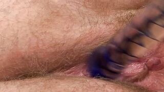 Close-up Hairy Blonde American MILF Fucks Her Tight Pussy With Glass Dildo and Squirts - 12 image