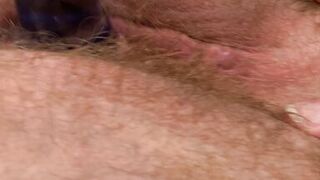 Close-up Hairy Blonde American MILF Fucks Her Tight Pussy With Glass Dildo and Squirts - 8 image