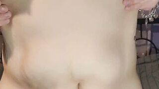 Sexy fat girl plays with shaved wet pussy in see through tights and dress