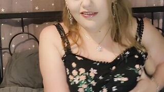 Sexy fat girl plays with shaved wet pussy in see through tights and dress - 3 image