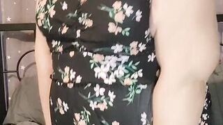 Sexy fat girl plays with shaved wet pussy in see through tights and dress