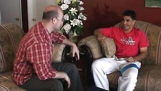 Guy licks and finger fucks a sexy blonde then she rides him on the sofa