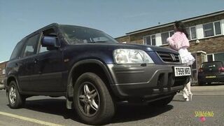 Chick holds a on a guy while sucking his dick