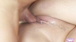 A horny blonde guy sucks on brunette MILFs huge tits and sits on her face