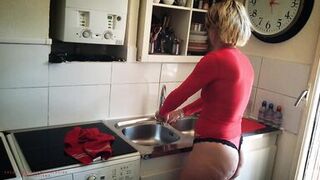 Slutty Nymphomaniac Mother-In-Law, Cleans In Lingerie To Tease Her Stepson.
