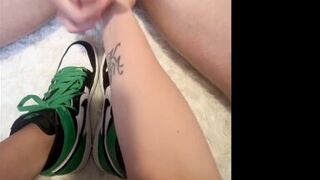 Slutty Milf rubs balls and begs for cum on her shoes