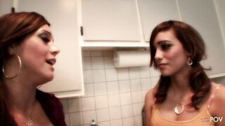 Proper lesbian seduction as the ladies hump each other on the cold kitchen floor