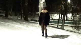 Winters walk. New Year's Eve night walk in nylon tights without a skirt
