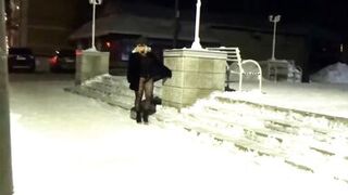 Winters walk. New Year's Eve night walk in nylon tights without a skirt