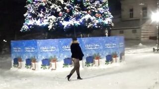 Winters walk. New Year's Eve night walk in nylon tights without a skirt