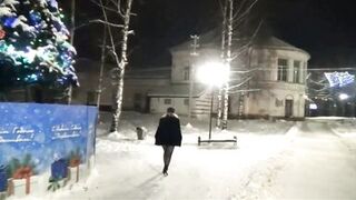 Winters walk. New Year's Eve night walk in nylon tights without a skirt