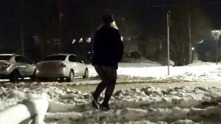 Winters walk. New Year's Eve night walk in nylon tights without a skirt