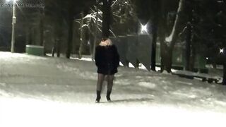 Winters walk. New Year's Eve night walk in nylon tights without a skirt