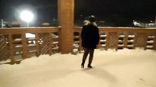New Year's Eve night walk in nylon tights without a skirt