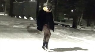 New Year's Eve night walk in nylon tights without a skirt