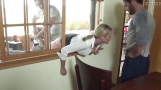 Cute MILF Stucked in Window and Fucked by 2 Men