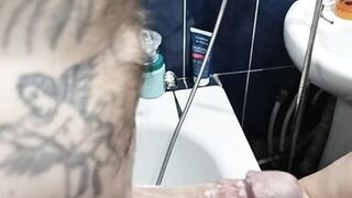 Bitch jerks off my hard soapy cock until I cum