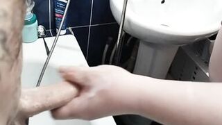 Bitch jerks off my hard soapy cock until I cum