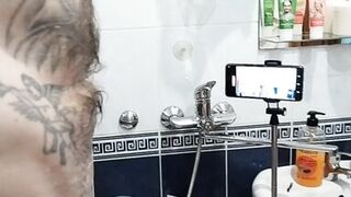 Bitch jerks off my hard soapy cock until I cum