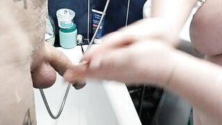 Bitch jerks off my hard soapy cock until I cum