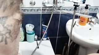 Bitch jerks off my hard soapy cock until I cum