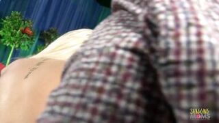 Two busty horny milf one blonde and the other brunette share a big shaft in an arousing threesome