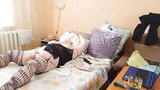 masturbating mother-in-law in front of the camera got a dick in her mouth and hot cum in it