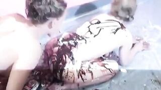 Lusty housewives get bored and play with ice cream toppings on big tits