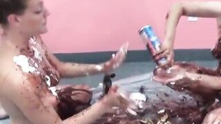 Lusty housewives get bored and play with ice cream toppings on big tits