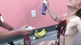 Lusty housewives get bored and play with ice cream toppings on big tits