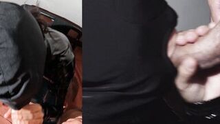 I suck his cock and he comes on my head on the hood