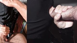 I suck his cock and he comes on my head on the hood