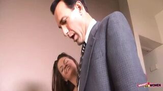 Two Heavenly Babes with Big Tits Joined by Older Man in Suit for a Threesome - 1 image