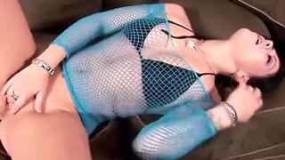 Hot brunette in sexy fishnet top gets to taste cock in all positions