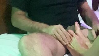 Milf & fetish. She jerks me off with her feet and massages my balls while showing me her pussy - 7 image