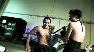 Rich british milf rewards the mechanics fixing her car by giving them both sloppy blowjobs