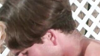 Blonde with natural tits gets licked and fucked by the swimming pool