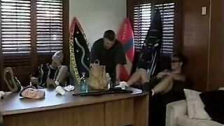 Naughty blonde takes it from behind while giving a blow job