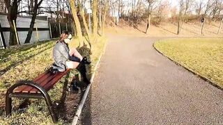 She pee through pants and flashing in a public park