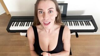 Brunette with big boobs sucking big dildo closeup