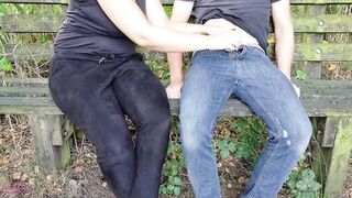 I give a guy a handjob on a bench, and make him cum all over his own clothes!