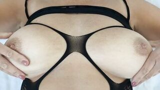 Close up of sexy milf wife rubbing oil into her big natural 32f tits and then rub her wet pussy and show her tight asshole - 2 image