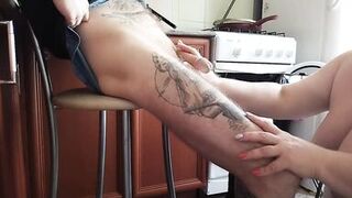 naked fat girl jerks off my cock to a cumshot in the kitchen