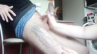 a fat woman naked jerks off my cock to a cumshot in the kitchen